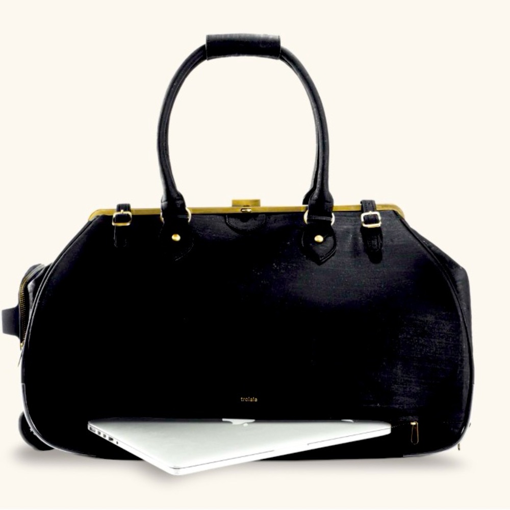 Trolley convertible travel bag by la flore. Vegan cork leather in dark grey.